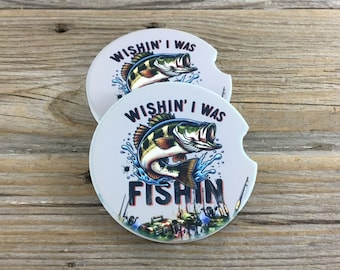 Wishin' I was Fishin Car Coasters Set of 2