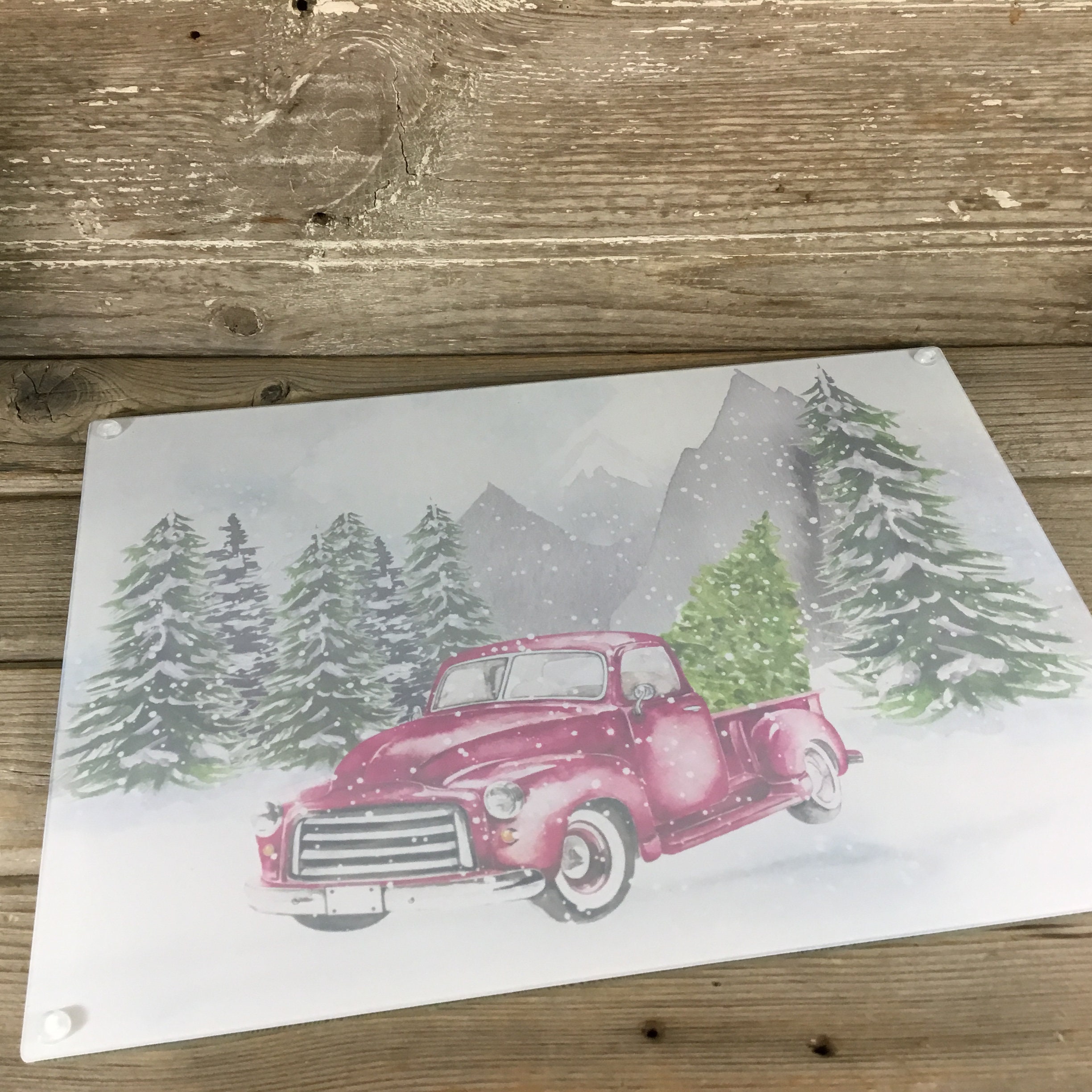 Vintage Red Truck Christmas Glass Cutting Board, Winter Decor - Etsy