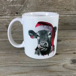 Christmas Cow Coffee Mug, Licking Cow with Santa Hat Coffee Mug