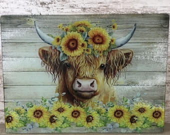 Highland Cow with Sunflowers Glass Cutting Board