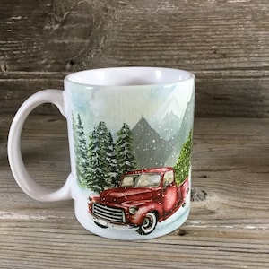 Vintage Red Truck Winter Coffee Mug 11 oz Mug or 15 oz Mug