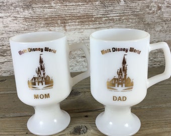 2 Vintage Walt Disney World Milk Glass Footed Pedestal Coffee Mugs Mom Dad