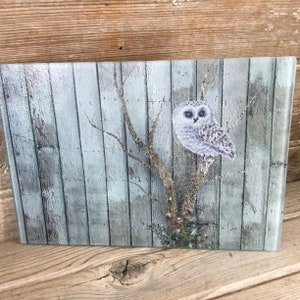 Owl Glass Cutting Board Barn Wood Background