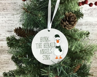 Honk the Herald Angels Sing Goose Christmas Ornament – 3.5" Round Hardboard
