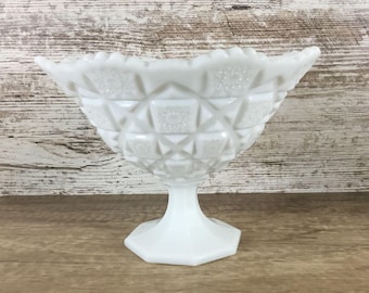 Westmoreland Old Quilt Pattern Milk Glass Pedestal Compote 5.75" Tall X 8" Top Diameter