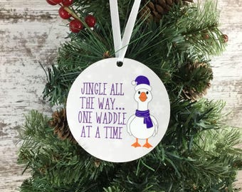 Jingle All the Way Goose Christmas Ornament – 3.5" Round Hardboard