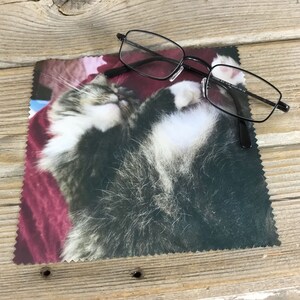 May include: A microfiber cleaning cloth with a photo of a black and white cat printed on it. The cat is curled up on a red blanket. A pair of black eyeglasses is lying on top of the cloth.