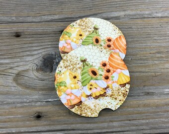 Sunflowers and Honeycomb Gnome Car Coasters, Set of 2