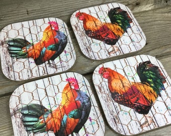 Rustic Rooster Coasters, Set of 4 Coasters, Hardboard Coasters, Chicken Coasters