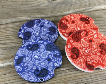 Blue or Red Paisley Car Coasters, Set of 2 Car Coasters