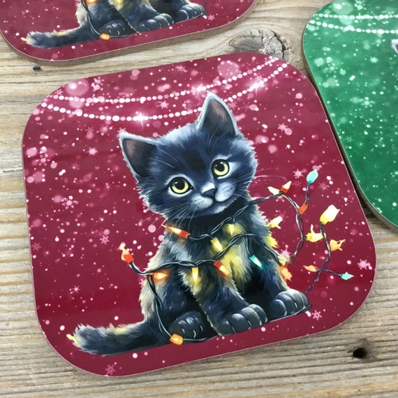 Black Cat Christmas Drink Coasters Set of 4 Etsy UK