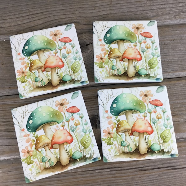 Cottage Core Pastel Mushrooms Sandstone Coasters Set of 4