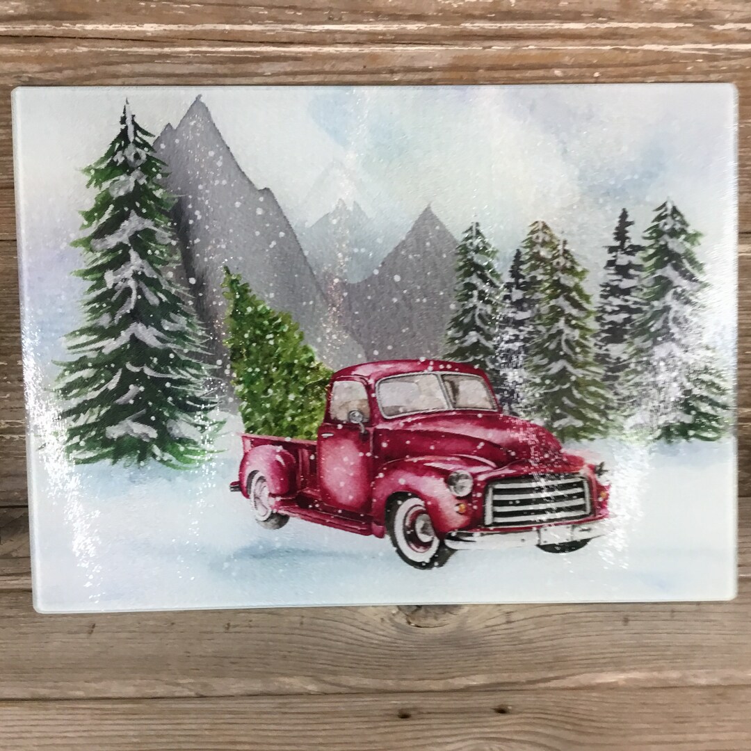 Vintage Red Truck Christmas Glass Cutting Board, Winter Decor - Etsy