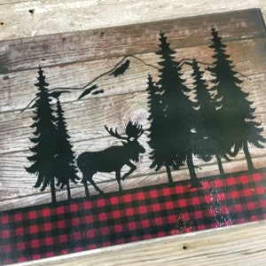 Moose Buffalo Plaid Glass Cutting Board, Winter Decor, Christmas Cutting Board