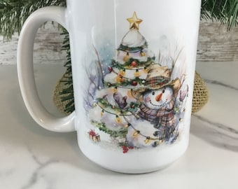 Rustic Snowman with Christmas Tree Ceramic Coffee Mug