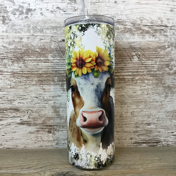 Sunflower Cow 20 Oz Skinny Tumbler With Straw & Lid 