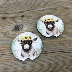Rustic Sunflower Teal Goat Car Coasters, Set of 2