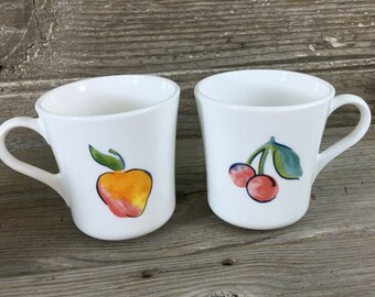 Set of 2 Corning Corelle Fruit Basket Apple Cherry Coffee Cup Mugs