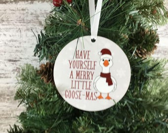 Merry Little Goose-Mas Christmas Ornament – 3.5" Round Hardboard