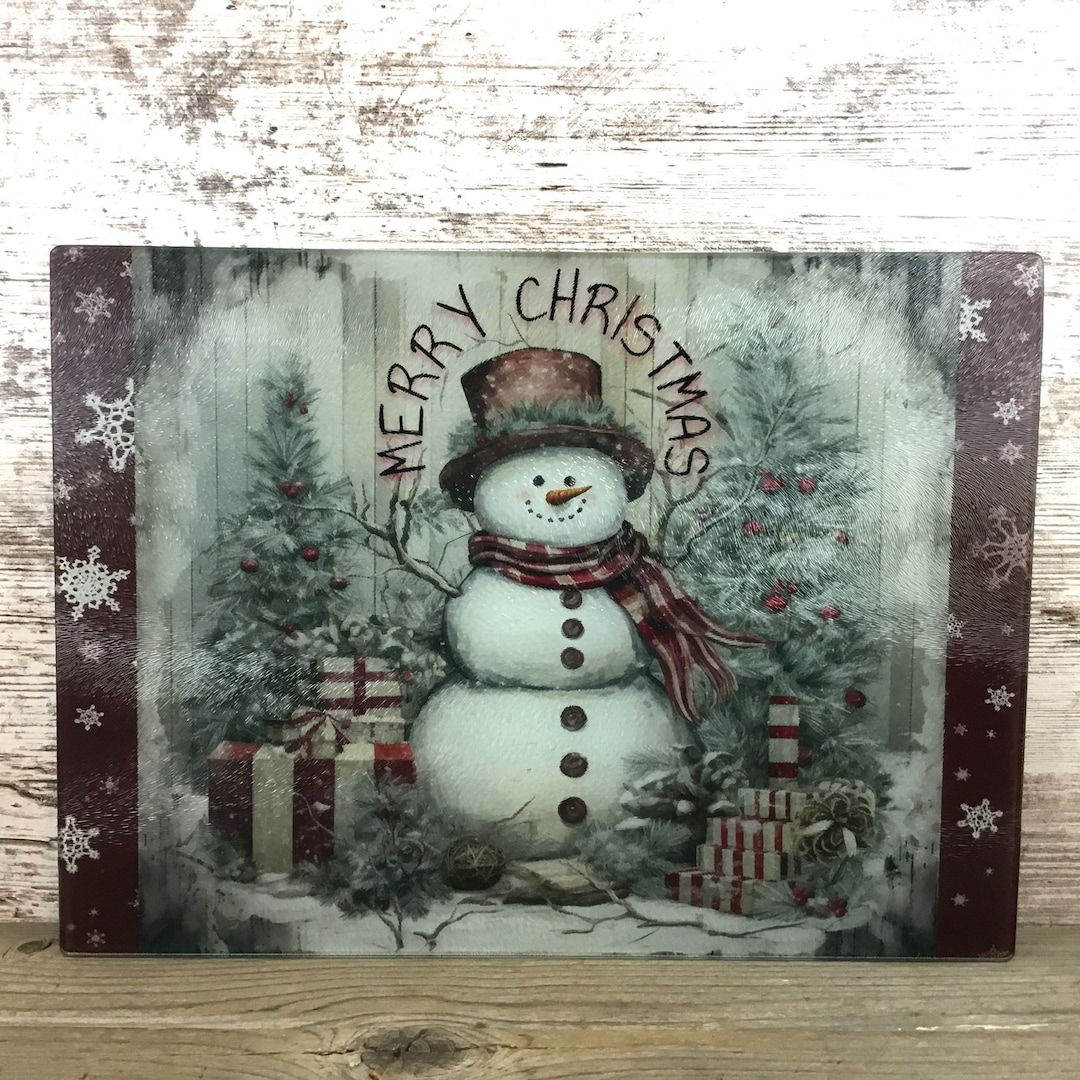 Rustic Snowman Merry Christmas Glass Cutting Board - Etsy