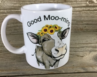Good Moo-rning Cow Mug With Sunflower Crown - 11 or 15 oz White Ceramic