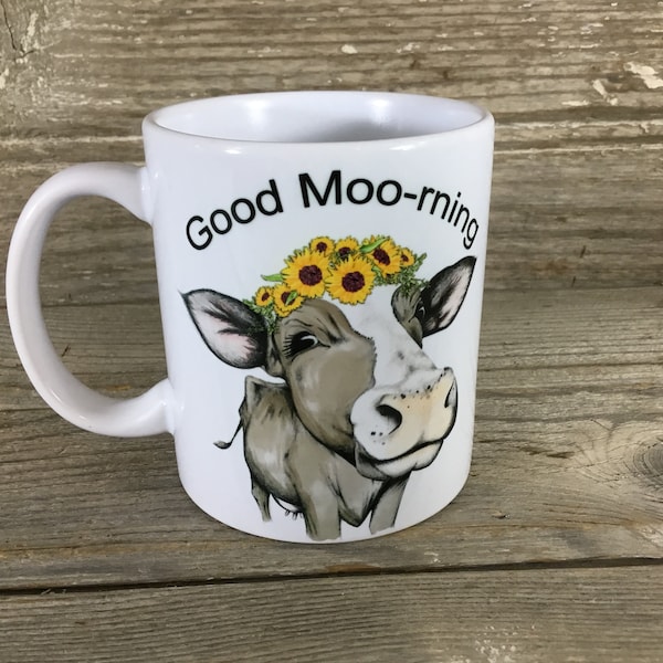 Taza de buenos días con diseño de vaca y corona de girasol - Cerámica blanca de 325 ml o 444 ml