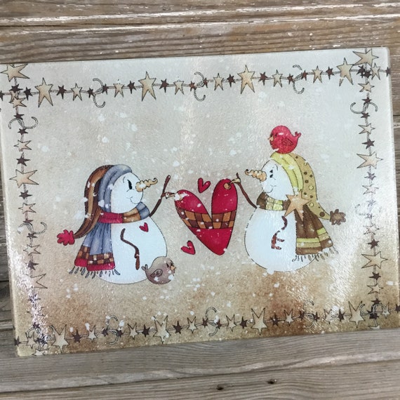 Snowman Friends Glass Cutting Board: Winter Christmas Decor