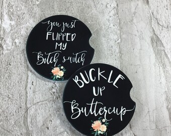 Funny Car Coasters Set of 2 - Buckle Up Buttercup & Bitch Switch