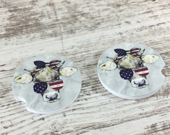 Cow with Sunglasses Red, White & Blue Car Coasters, Set of 2