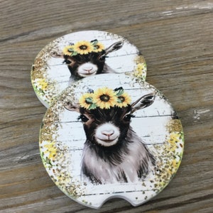 Rustic Sunflower Goat Car Coasters, Set of 2