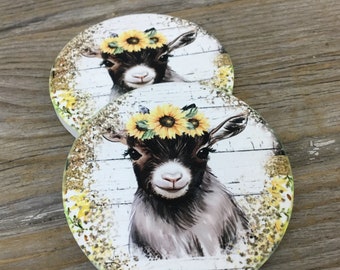 Rustic Sunflower Goat Car Coasters, Set of 2