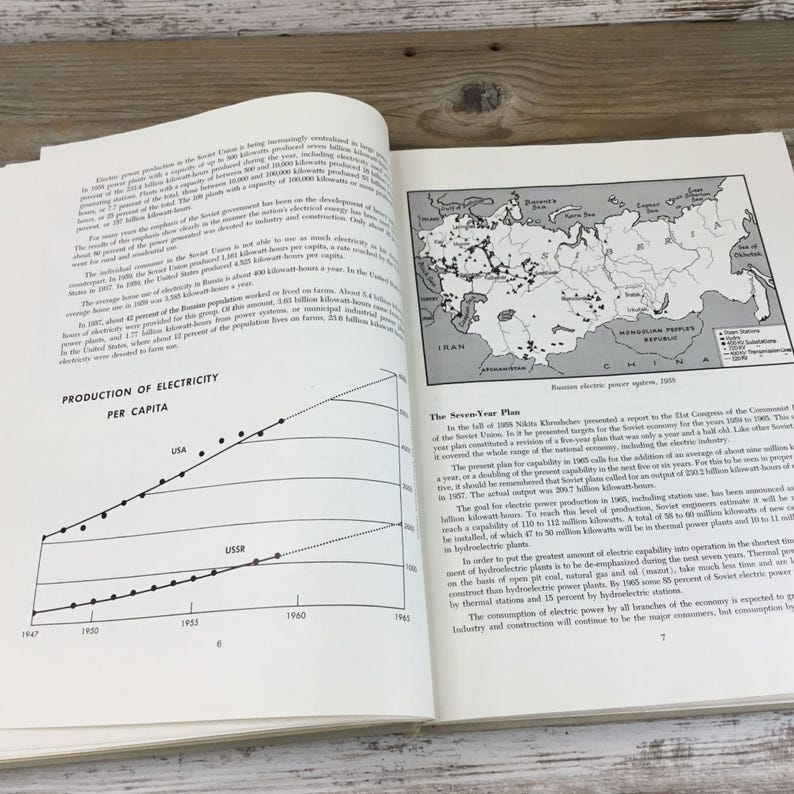 以下が含まれることがあります： テキスト、グラフ、地図が表示された開いた本。左ページには「PRODUCTION OF ELECTRICITY PER CAPITA」というタイトルの折れ線グラフがあります。右ページには、ロシアの地図が表示されています。