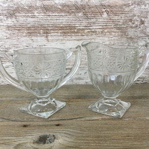 Vintage Indiana Clear Glass Daisy Pattern Footed Cream and Sugar