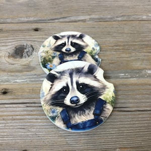 Raccoon in Bib Overalls Car Coasters Set of 2