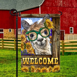 Welcome Alpaca with Glasses Garden Flag