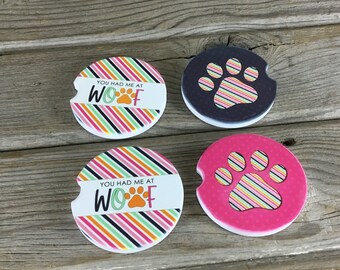 Dog Paw Print Car Coasters - "You Had Me At Woof", Set of 2