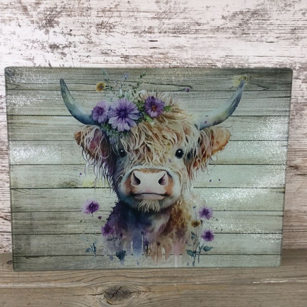 Purple Flower Highland Cow Glass Cutting Board