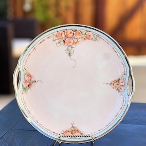 Vintage 1930 KPM Germany Porcelain hand paint Floral Two - handled 10&quot; round plate