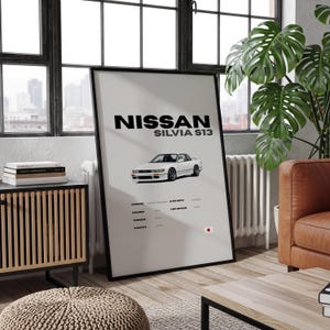 Puede incluir: Un póster enmarcado con una ilustración de un coche Nissan Silvia S13 blanco. El nombre del coche está en letras negras en negrita en la parte superior, con especificaciones técnicas debajo. El fondo es de color gris claro.