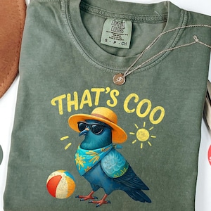 Camiseta de paloma, camiseta divertida de pájaro, camiseta de vacaciones de verano, ropa de pelota de playa, diseño de paloma con gafas de sol, ropa genial de paloma para ella