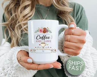 Funny Floral Coffee Mug Proudly Powered By Coffee and Love Est. Every Morning Cute Botanical Gift for Coffee Lovers and Caffeine Enthusiasts