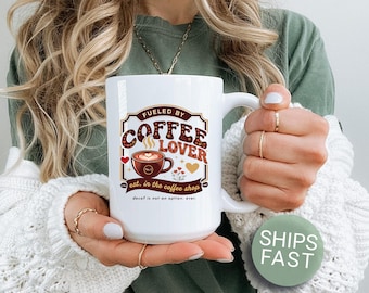 Funny Retro Badge Coffee Mug Fueled By Coffee Lover Est. In the Coffee Shop Ever Bold Vintage Gift for Coffee Addicts Caffeine Lovers