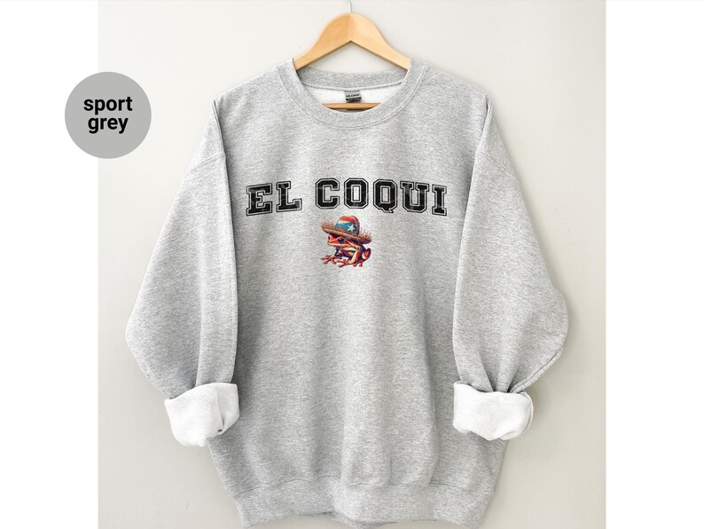 EL COQUI Sweatshirt Unisex, Sport Grey Oversized Crewneck, Casual Streetwear, Cute Frog Design Sweater Gift Idea