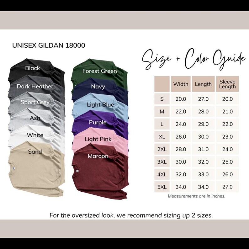 Unisex Gildan 18000 Sweatshirt Size and Color Guide, Casual Oversized Pullover, Multicolor Fashion Chart, Fit Guide for Hoodie