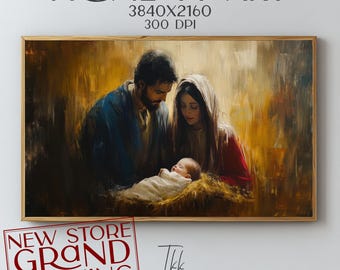 May include: A painting of the Holy Family, depicting Mary, Joseph, and the baby Jesus. The painting is executed in a realistic style with warm colours and soft lighting. The family is shown in a loving embrace, with Mary holding the baby Jesus in her arms. Joseph is standing behind them, looking down at the baby with a gentle expression.