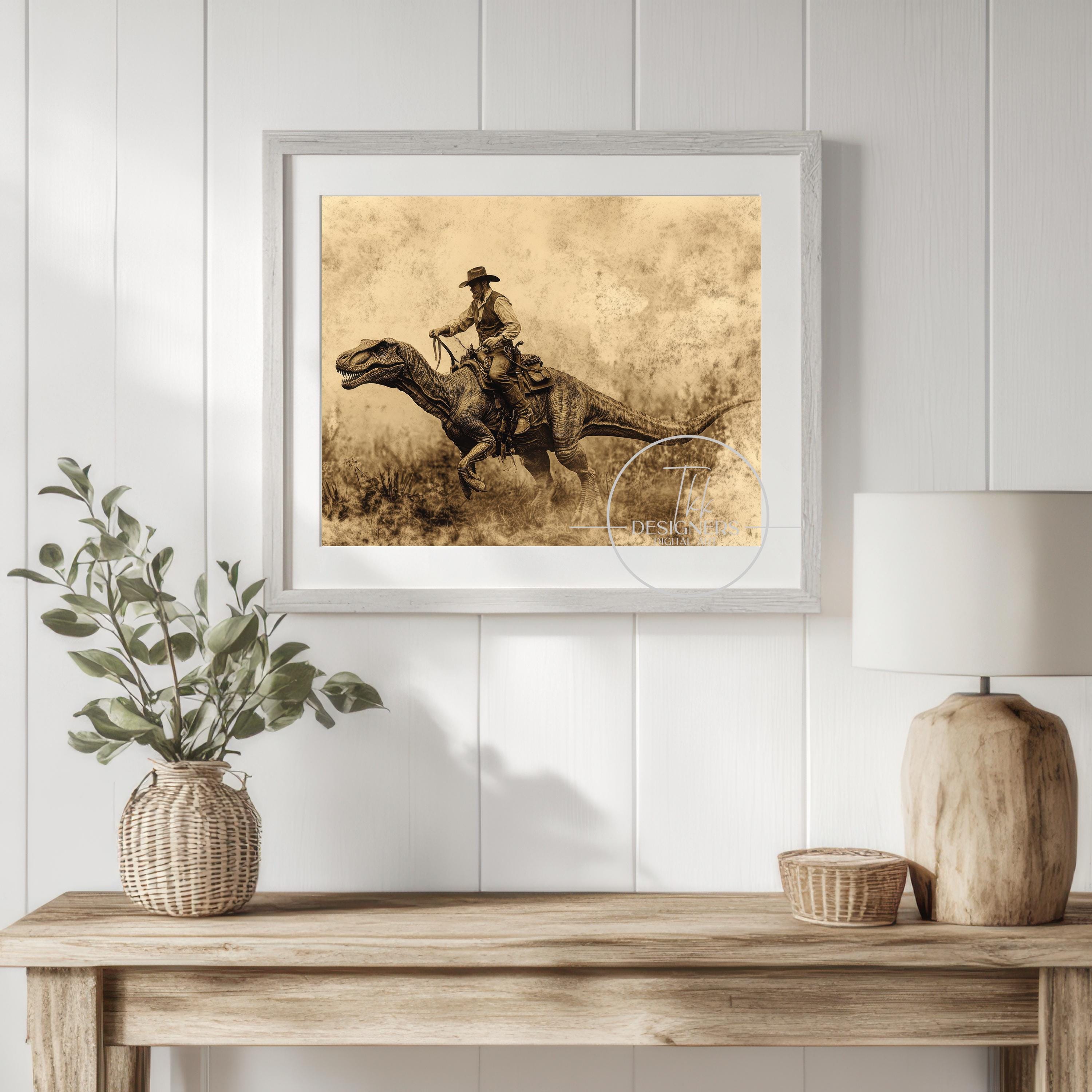 Cowboy Riding Raptor Dinosaur: Funny Vintage Wall Art (digital Download ...