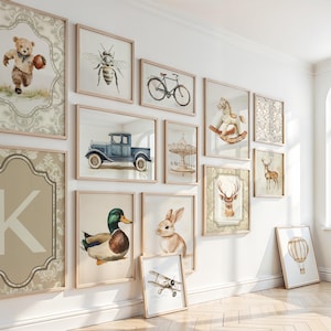 Láminas vintage para guardería (más de 100), galería de pared para niño/niña/arte deportivo para habitación de bebé neutra/arte infantil para niños