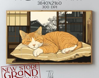 Japanese Sleeping Cat Frame TV Art: Funny Feline Design (Digital Download)
