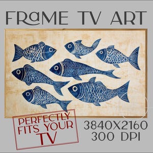 Rahmen TV Kunst, Blauer Block Fisch Druck, Samsung Frame TV, Minimalistische Block Kunst Malerei