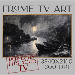 Vintage Waterfront Frame TV Art: Moody Black and White Painting (Digital Download)
